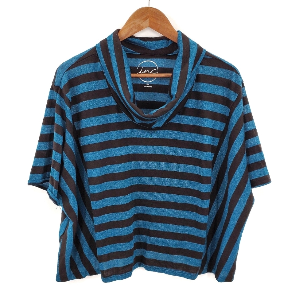 INC Womens Dolman Sleeve Striped‎ Cowl Neck Top Blouse Size PM Blue Black